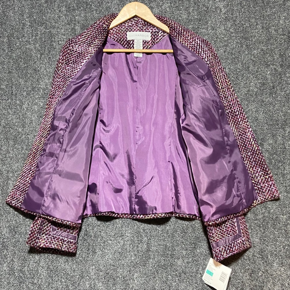 Sag Harbor Womens Purple Tweed Novelty Jacket Size 16 Velvet Trim Open Front NWT - Picture 4 of 12